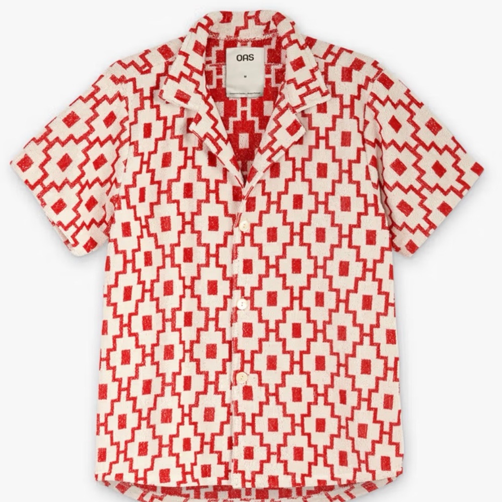 OAS Red & Cream Geometric Knit Short Sleeve Button-Down